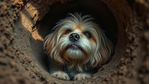 Elderly dog trapped in dirt hole, rescue scene, dramatic lighting.