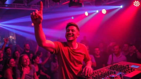 DJ at Miami Art Week event, vibrant crowd and lighting