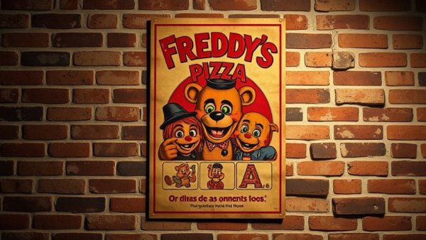 Freddy Fazbear's vintage poster in dimly lit setting.