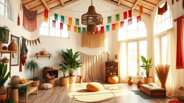 Bohemian yoga studio in Miami with vibrant decor, warm lighting.