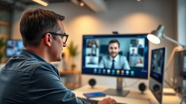 Remote employee monitoring solutions depicted in an office video call setup.