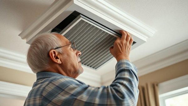 Elderly man replacing HVAC air filter for Indoor Air Quality and HVAC Design improvements.