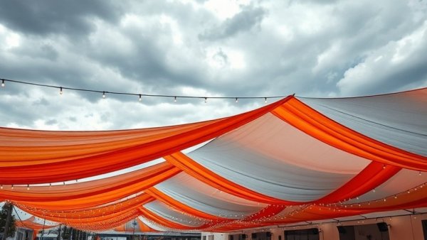 Colorful event canopies set up under a cloudy sky, showcasing festive outdoor setup.