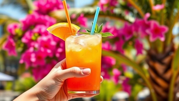 Refreshing cocktail at Fort Lauderdale happy hour spots, palm tree and flowers.