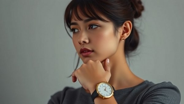 Stylish young woman wearing a Daniel Wellington watch, thoughtful gaze.
