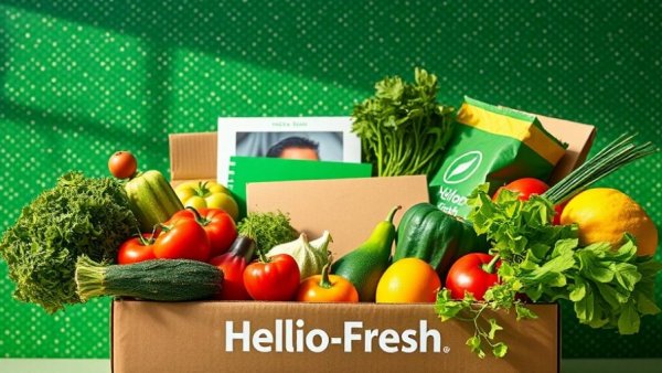 HelloFresh box with fresh groceries, showcasing organic meals.