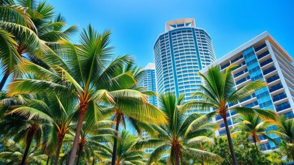 Iconic palm trees and Miami skyline, must-see places in Miami.