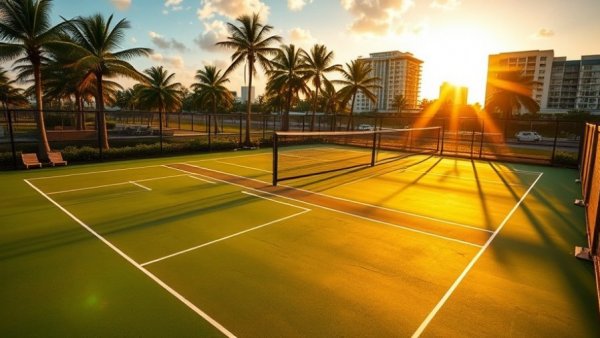 Pickleball and Padel courts in Miami at sunset, vibrant setting.
