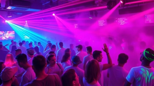 Mayami Saturdays vibrant nightclub scene with neon lights and crowd.