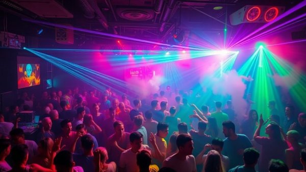 Lively Mayami Saturdays nightclub scene with vibrant neon lights.