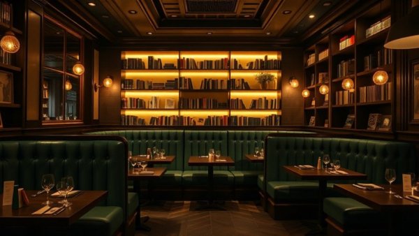 Cozy restaurant in Miami for Christmas week dining, elegant decor, dim lighting.