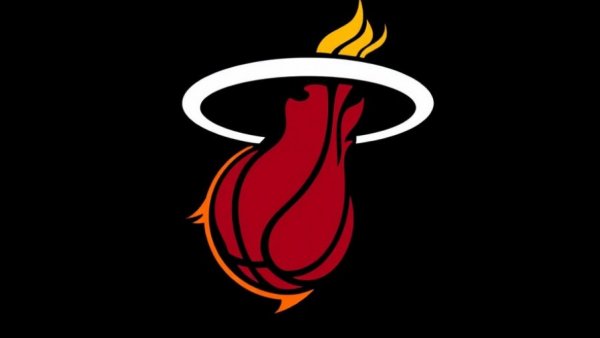 Miami Heat logo with flaming basketball on black background.