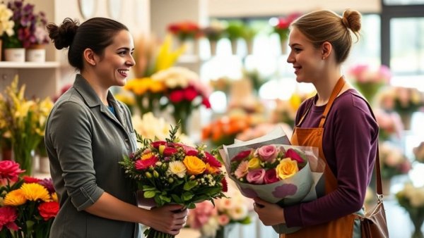 Florist handing bouquet in shop, online flower delivery focus.