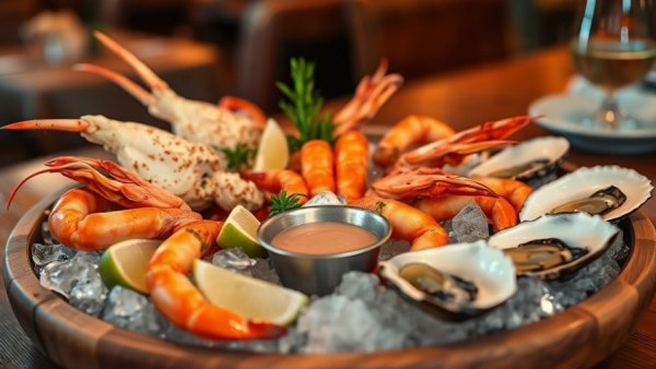 Gourmet seafood platter with crab, shrimp, and oysters on ice, New Year’s Eve in Miami dining.