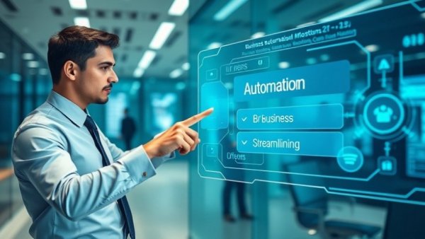 Business professional engaging with automation interface, manufacturers automation processes.