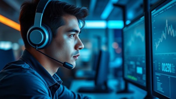 Man using Knowledge Base Management Software in office.