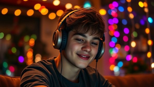 Calm young person wearing headphones under colorful lights.