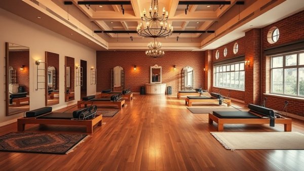 Elegant fitness studio in Miami with Pilates machines and ambient lighting.