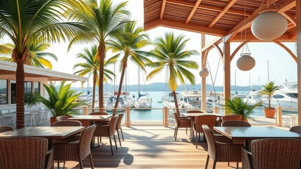 Tropical cafe in Miami with palm trees and marina view.