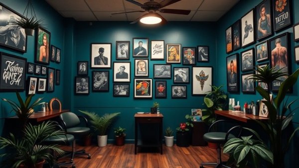 Modern tattoo studio with AI, featuring creative decor and framed artwork.