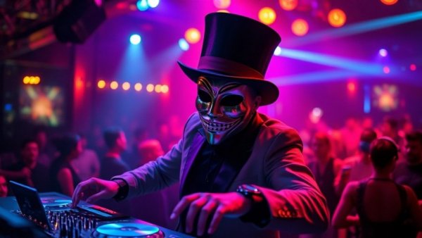 Claptone performing at LIV Miami with vibrant lights and crowd.