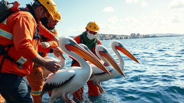 Rescue workers save pelicans from fishing line entanglement.