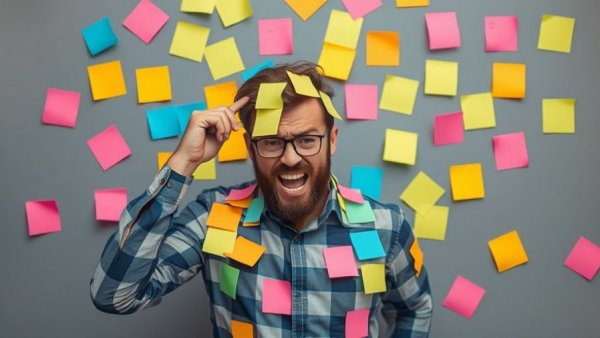 Man overwhelmed with sticky notes, highlighting stress in work life.