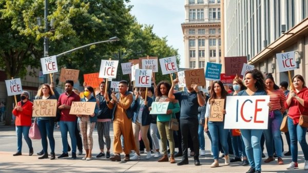Protesters against ICE violence holding signs on urban street.