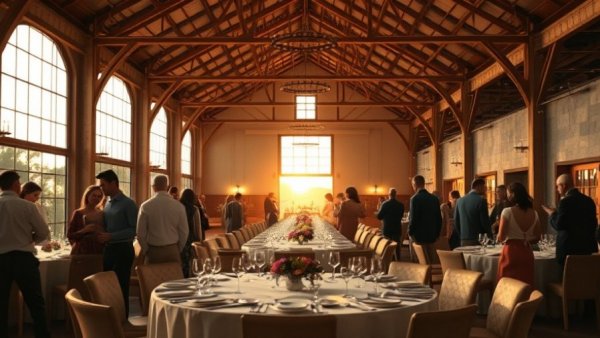 Elegant dining event venue in Miami with warm ambiance and guests.