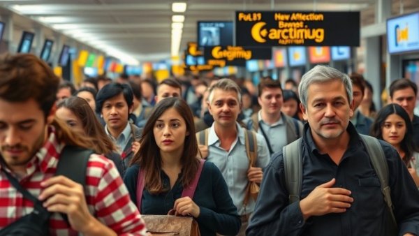 Travelers in an airport terminal amid Winter Storm Fern travel delays.