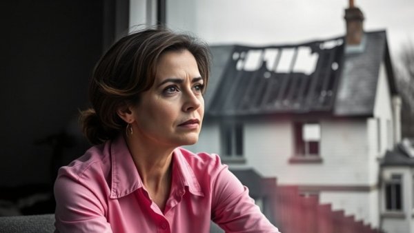 Concerned woman reflects as she thinks about water bill charges after fire.