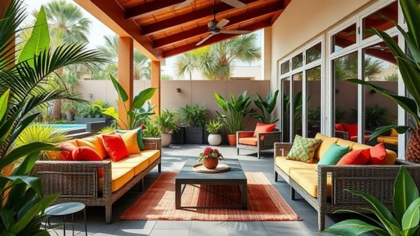 Tropical patio with modern seating for Miami events January February 2023.