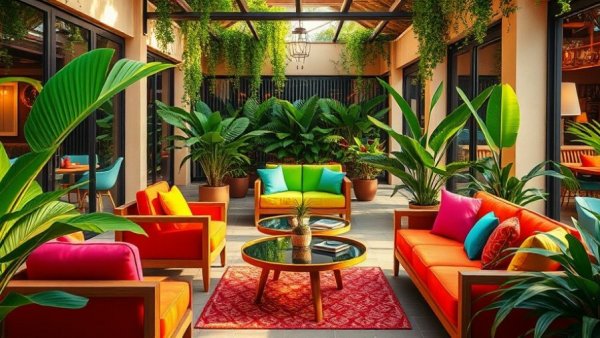 Colorful lounge setup with plants in Miami, vibrant seating area.