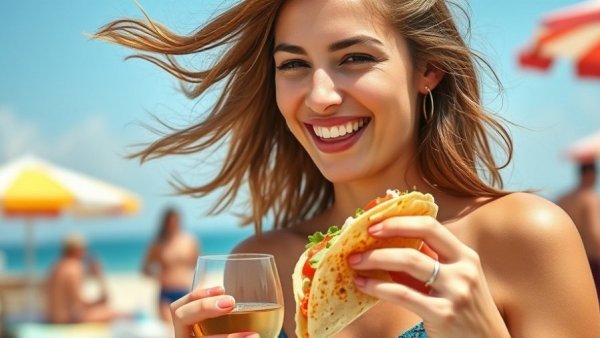 Woman enjoying food and wine at South Beach Wine & Food Festival 2023.