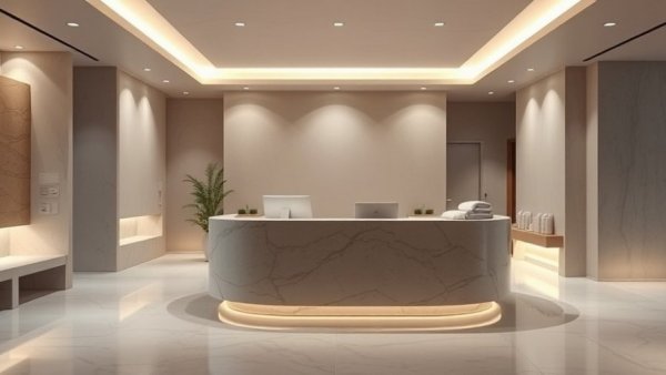 Serene modern spa reception for luxury facials under $100 in Miami.