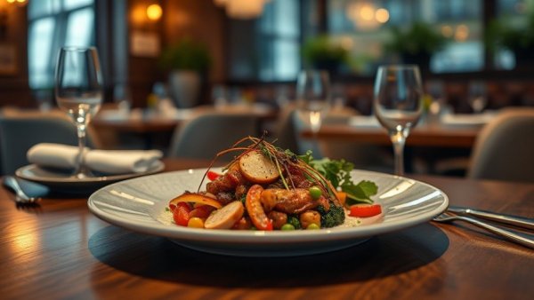 Niu Wine Miami dining table with gourmet dish and glassware.