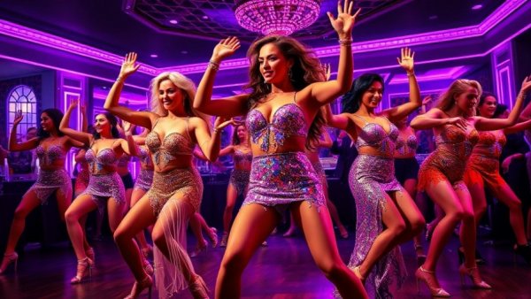 Dancers performing under purple lights for Valentine’s Day in Miami