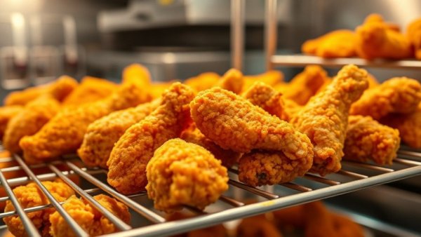 Golden fried chicken on racks in a Miami kitchen.