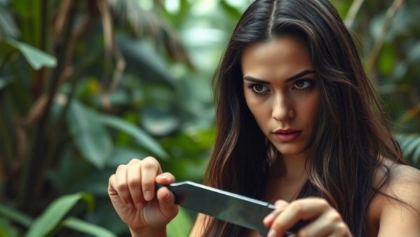 Cautious woman in jungle holding knife, intense scene.