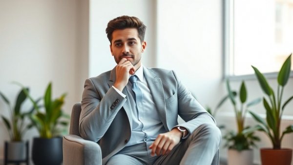 Business professional in gray suit relaxing thoughtfully in modern office