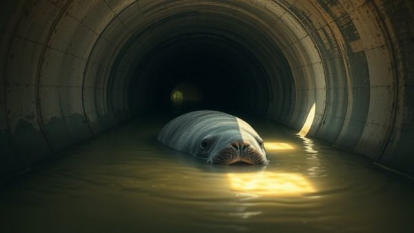 Manatee in storm drain, partially submerged, natural lighting.