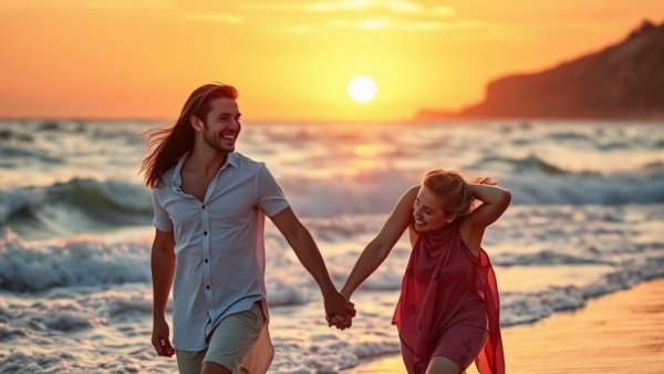 Romantic couple walks along Miami beach at sunset, Valentine's Day.