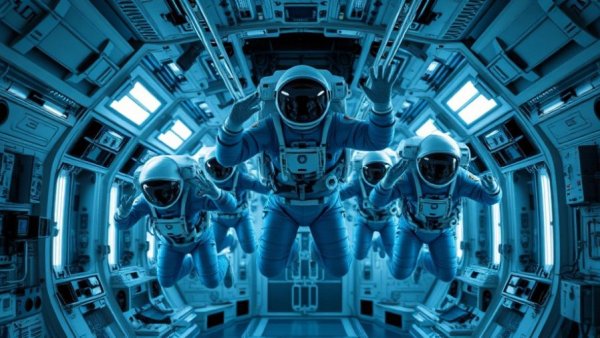 New astronauts arrive at the International Space Station, floating in zero gravity.