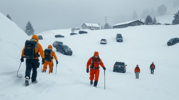 California avalanche rescue team navigating heavy snow landscape.