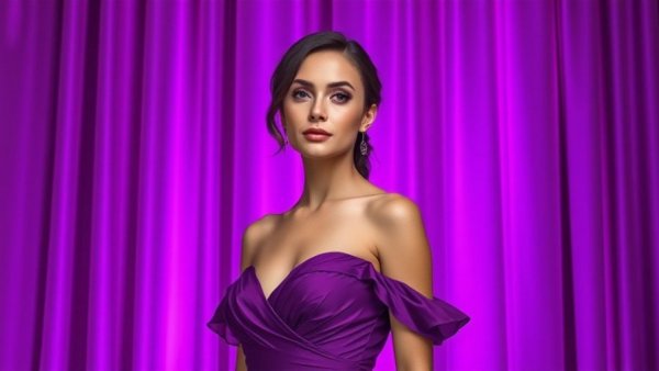 Nadine Abs single Caesar: Woman in purple dress with purple backdrop.