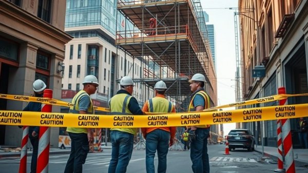 Construction workers at a scaffolding collapse site, surrounded by caution tape on a sunny street.