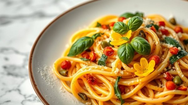 Gourmet Italian pasta with basil and squash blossoms on marble table.