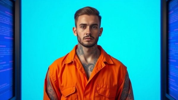 Tattooed individual in an orange jumpsuit on news screen.