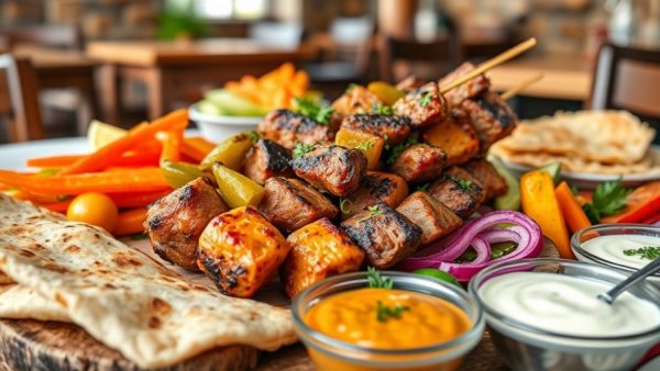 Israeli cuisine in Miami featuring vibrant dish with skewered meat and pickles.
