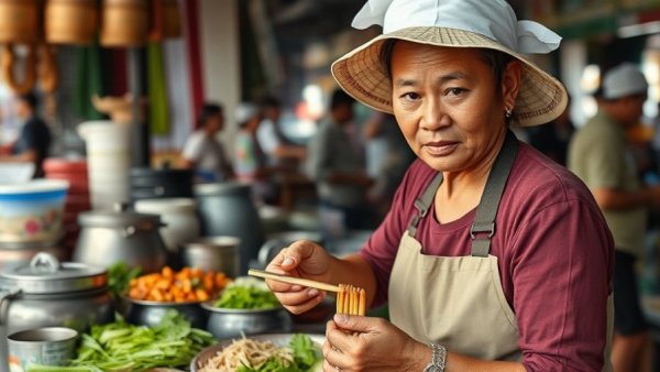 Khao Soi in Chiang Mai being prepared by a vendor in a vibrant market.